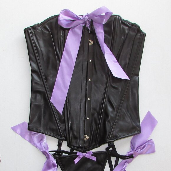 Black Pleather Purple Ribboned Corset Set - NEW - Picture 3 of 11
